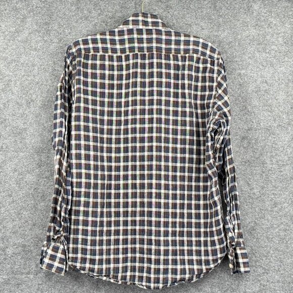 Cigar Couture Mens Medium Plaid Linen Button-Up Shirt Brown Blue Beige - Picture 7 of 8